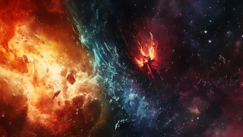 Bifurcated cosmic nebula collides around fiery winged entity