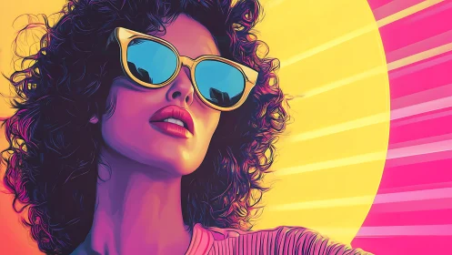 Portrait of person in sunglasses against stylized sun background.
