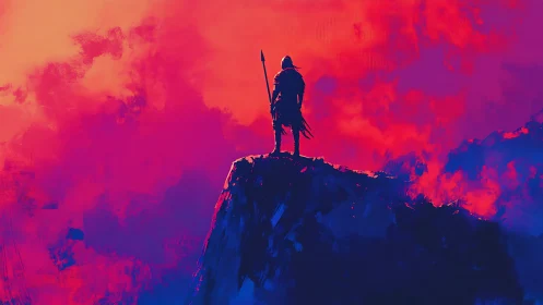 Silhouetted warrior stands on cliff amid high‑contrast neon sky