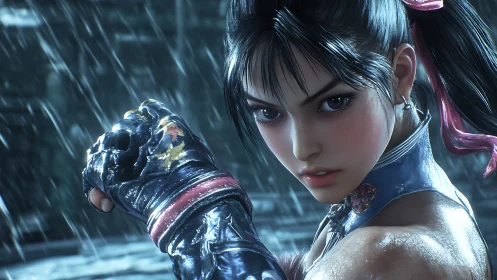 Rain-struck warrior girl coils power in a stormy alleyway.