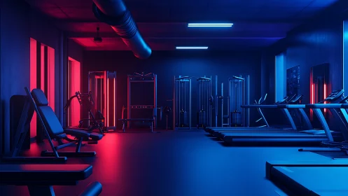 Neon lit commercial gym interior with treadmills and cable rigs