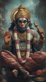 Regal monkey deity resting in calm, jewel toned splendor.