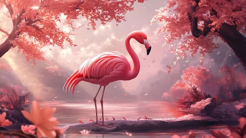 Elegant flamingo stands amid dreamy pink forest lagoon.
