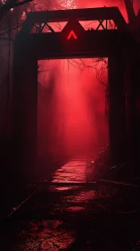 Cyberpunk red gateway corridor in mist-laden jungle frame.