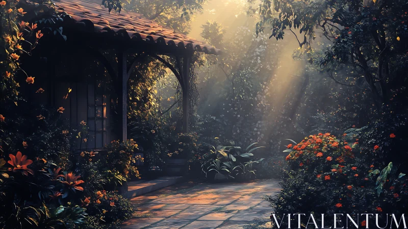 Garden terrace with tiled path and dense flowering foliage.