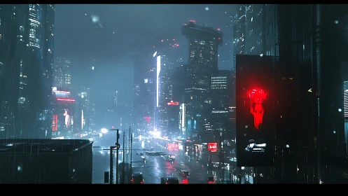 Cyberpunk rain cityscape with neon-lit skyline at night.