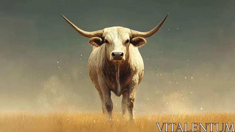 Longhorn bull advancing through sunlit dust in dry field