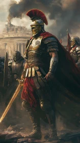 Armored Roman commander stands amid burning ruins, sword drawn
