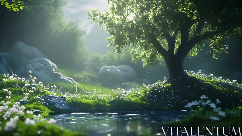 Sunlit woodland tree over tranquil reflective forest pool.