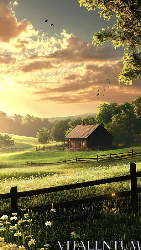 Gentle sunrise over a wildflower meadow and quiet barn.