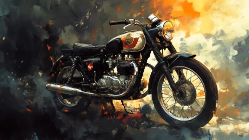 Vintage motorcycle poised in fiery impressionist light.