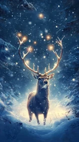 Starborne stag crowned in lantern antlers of winter myth.