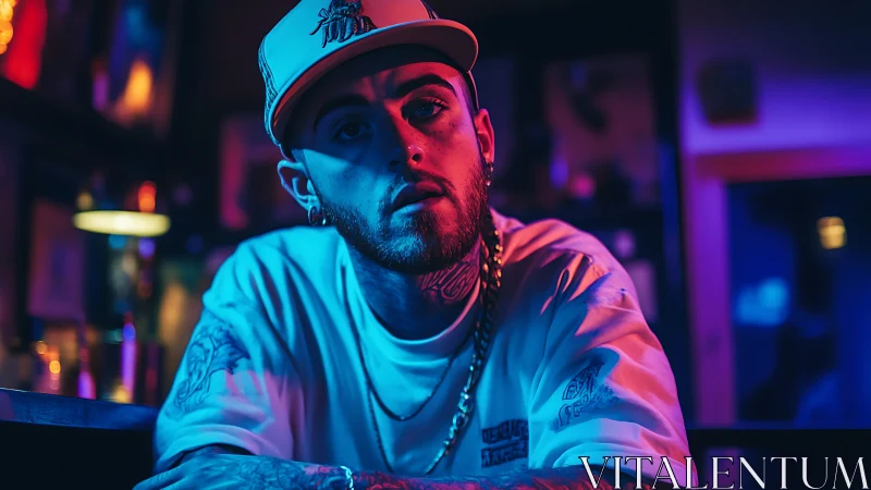 Moody neon portrait of tattooed man in urban bar interior.