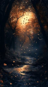 Autumnal Forest Passage: Golden Luminescence Through Wooded Tunnel.