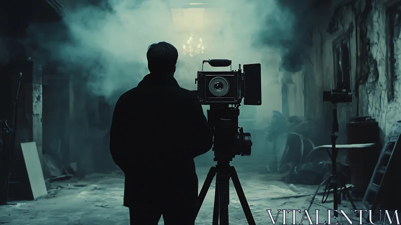 Silent director communes with an old camera in drifting fog