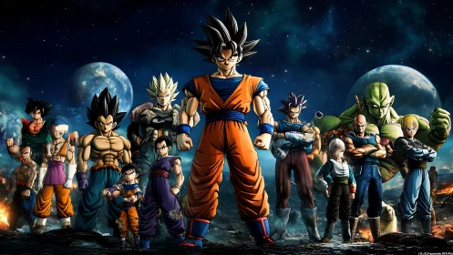 Group of anime warriors posed on rocky extraterrestrial terrain.