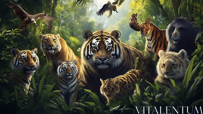 Jungle Predators: Wild Tigers and Lions Unite in Misty Forest
