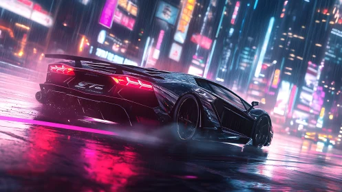 Neon-lit supercar drifts through rain-soaked cyberpunk avenue