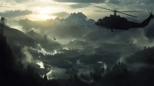 Military helicopter over misty alpine river valley at sunrise