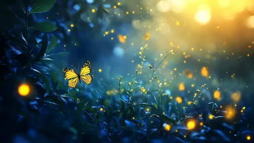 Yellow butterfly over foliage with glowing particles at dusk.