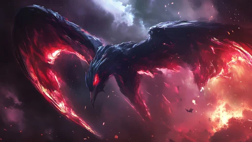 Firewing shadow bird soaring through a storm of embers.