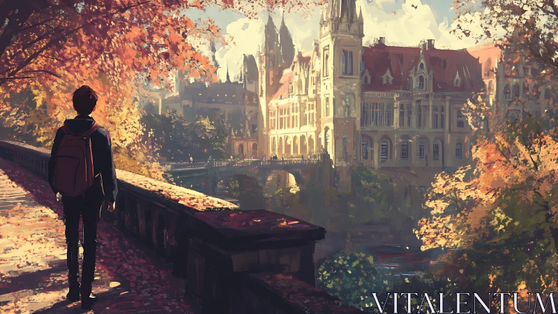 Student walks toward grand riverside castle in autumn