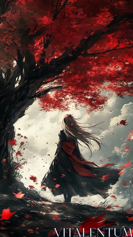 Digital painting of a lone figure beneath crimson maple canopy.