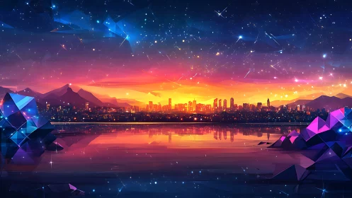 Dreamy neon city sunset mirrored on a crystal shoreline.