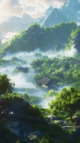 Misty mountain valley shelters tranquil temple rooftops at dawn.