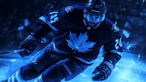 Ice hockey player skates forward under blue arena lighting