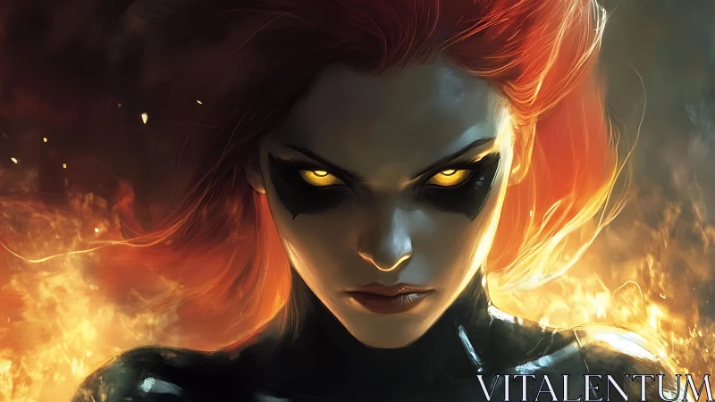 Fiery red haired warrior with glowing yellow eyes portrait.