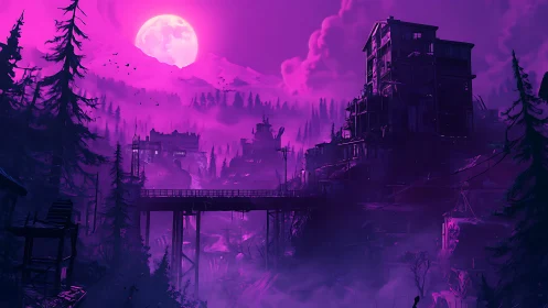 Neon magenta moonlit ruinscape with silhouetted forest forms.