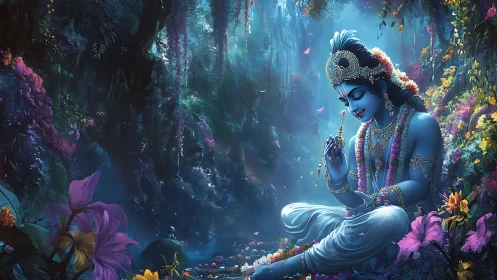 Gentle blue deity rests in a glowing, flower filled forest