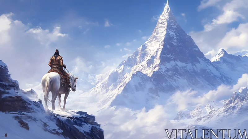 Lone rider surveys colossal snow peak under clear sky