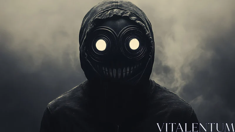 Hooded humanoid with glowing goggles rendered in moody chiaroscuro