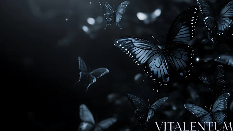 Nocturnal blue butterflies in high-contrast digital painting.