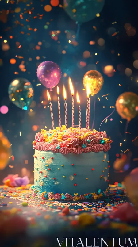 Magical Birthday Cake with Glowing Candles and Festive Bokeh