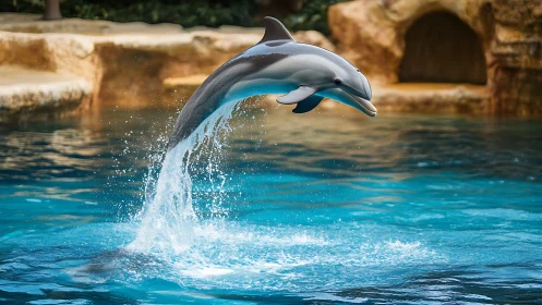 Leaping bottlenose dolphin above bright blue pool water.