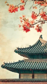 Cherry blossoms crown a serene traditional temple roofscape