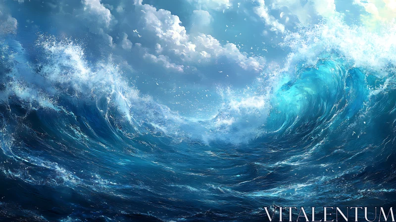 Storm waves crash under luminous clouds in turbulent sea