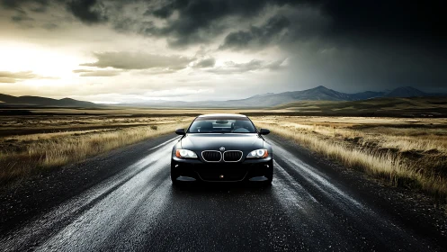 Black sports sedan slices wet rural highway under storm.