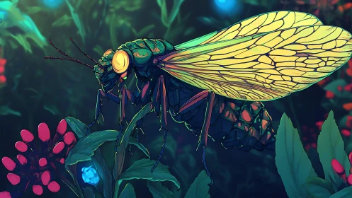Luminous forest insect rests among glowing neon flowers