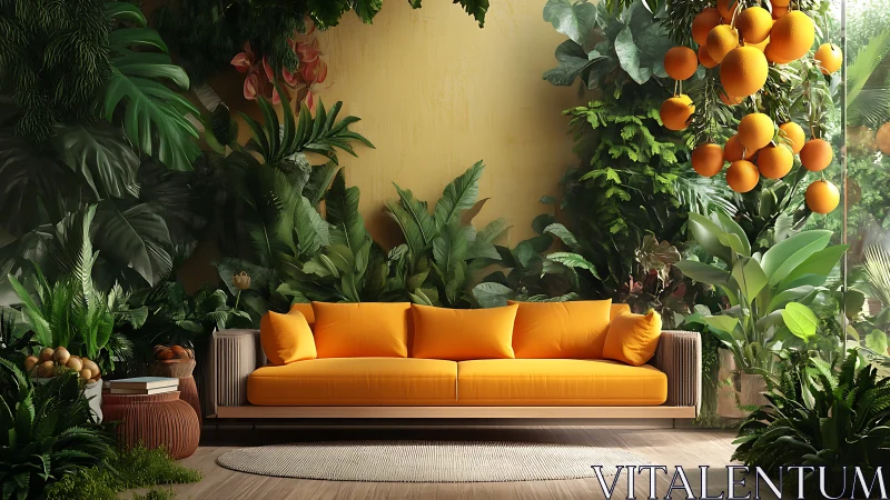 Citrus-toned sofa in dense biophilic interior jungle scene.