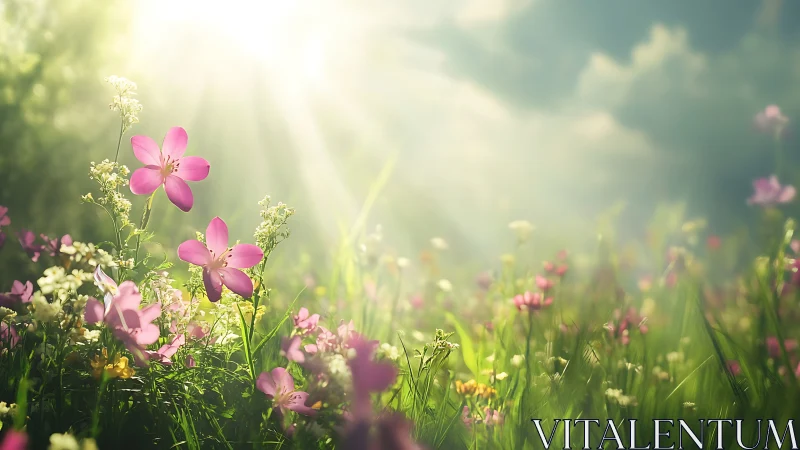 Luminous Garden Dreams: Pink Wildflowers Dancing in Golden Sunlight.