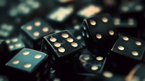 Glossy black dice cluster captures shimmering metallic pips