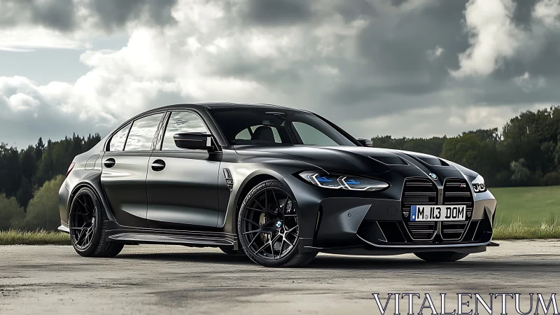 Matte black BMW sports sedan under moody overcast sky.