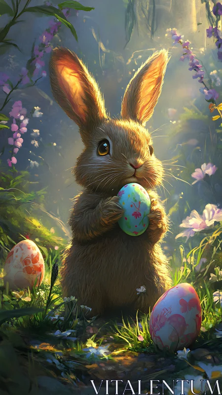 Digital rabbit holds painted egg in backlit forest clearing