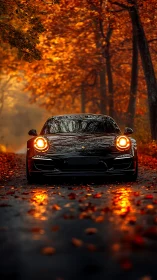 Midnight sports car glows against a blazing autumn tunnel.
