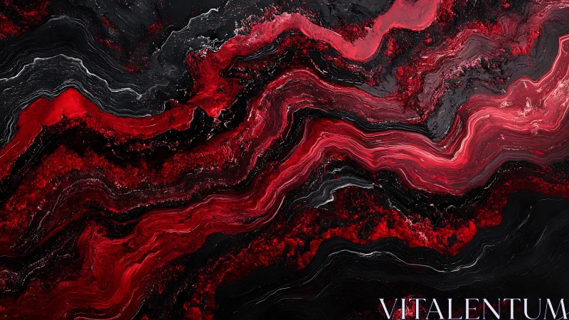 Layered red and black pigment forms horizontally striated bands