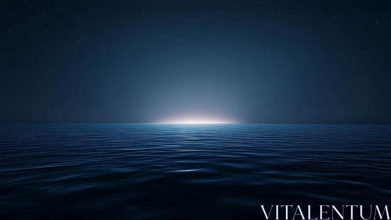 Nocturnal seascape captures minimal horizon glow in deep blue